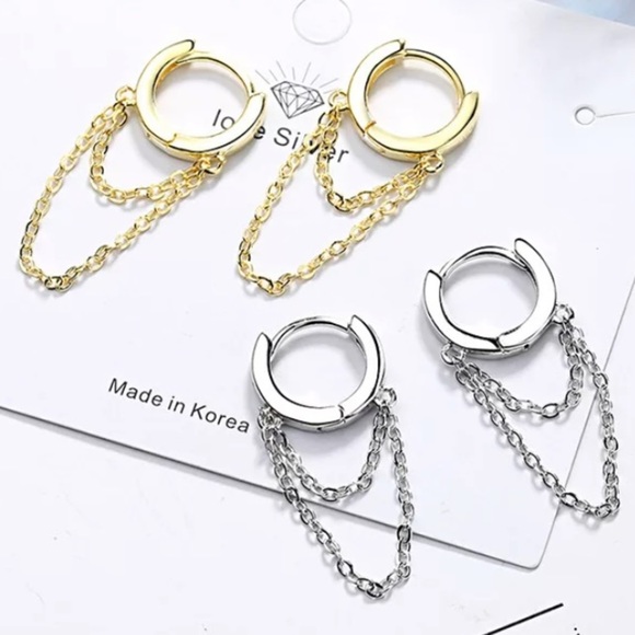 STERLING SILVER HOOP CHAIN DROP MINIMALIST EARRINGS - Picture 3 of 5